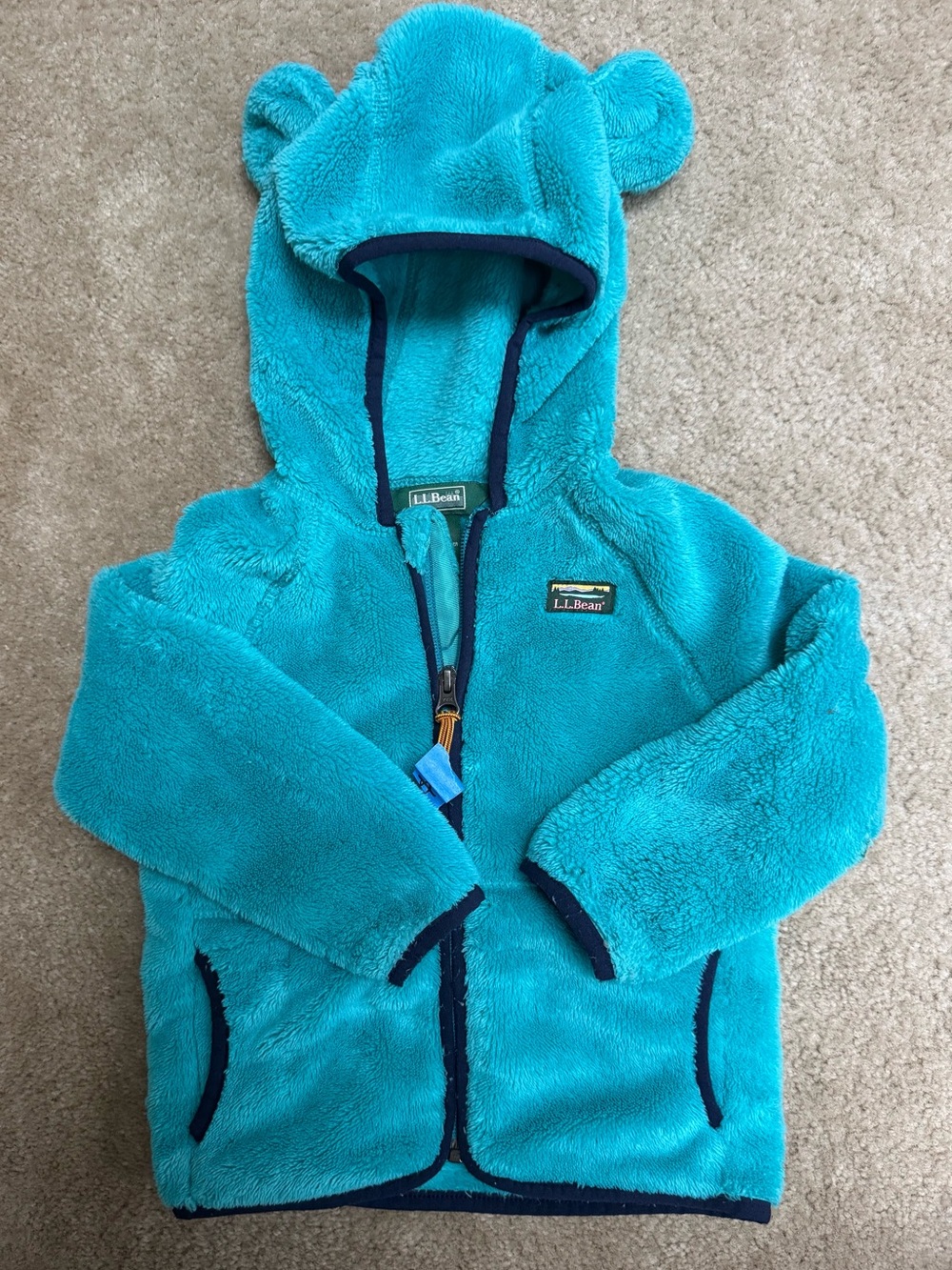L.L.Bean Sz 3T Bright Turquoise Plush Bear-Ear Hooded Fleece